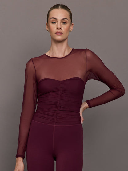 Carbon38 Ruched Mesh Long Sleeve Top in Melt - Fig