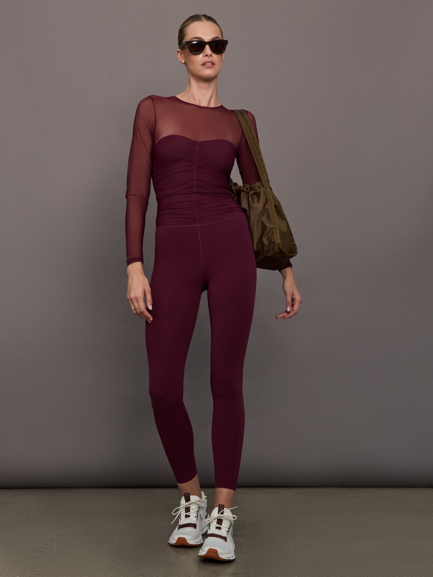 Carbon38 Ruched Mesh Long Sleeve Top in Melt - Fig