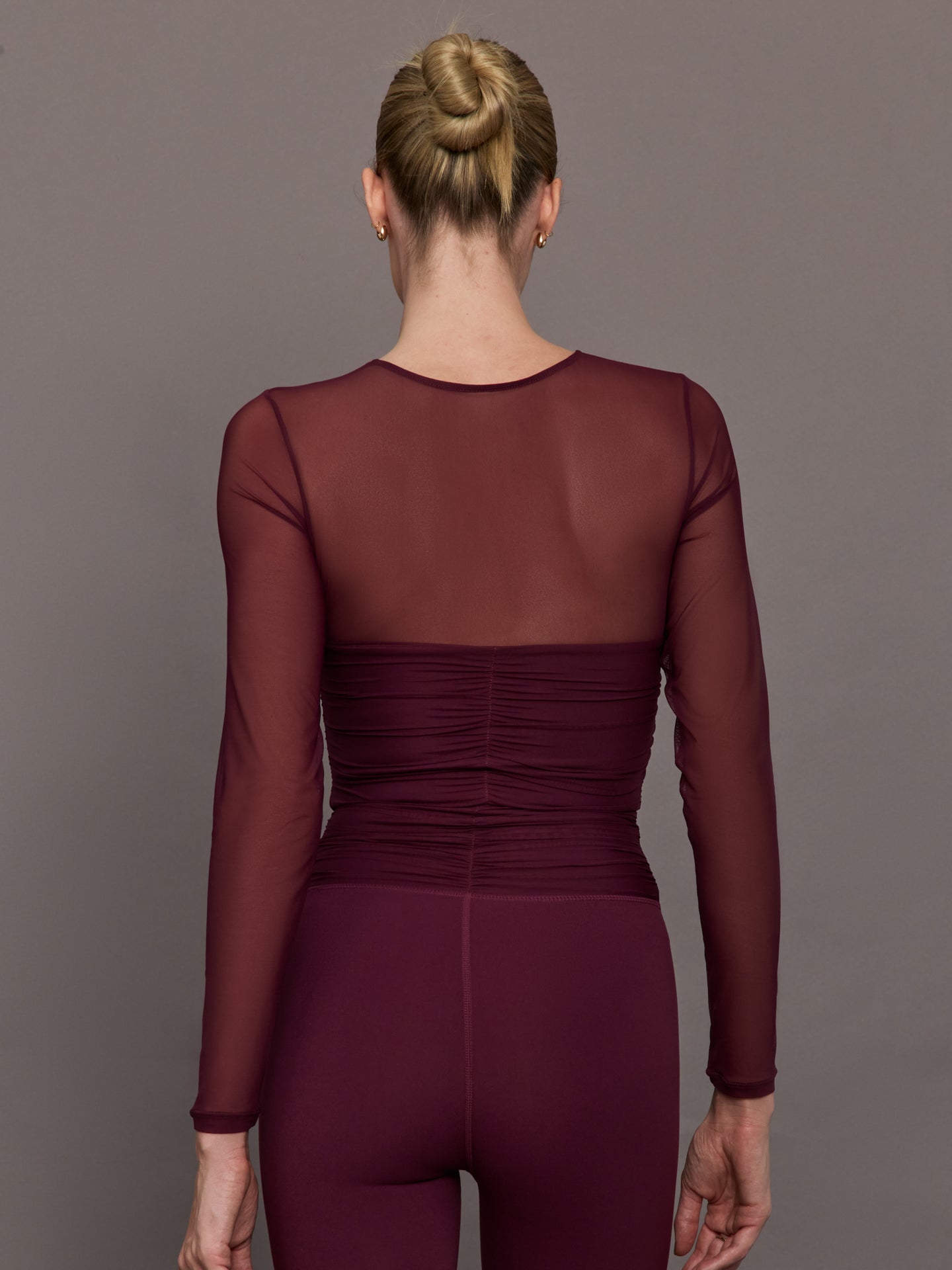 Carbon38 Ruched Mesh Long Sleeve Top in Melt - Fig