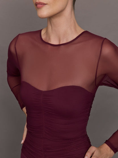 Carbon38 Ruched Mesh Long Sleeve Top in Melt - Fig