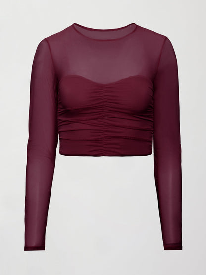 Carbon38 Ruched Mesh Long Sleeve Top in Melt - Fig