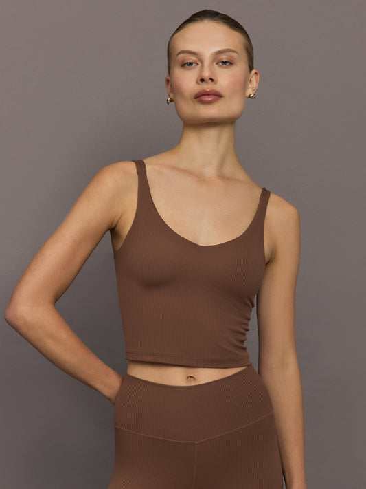 Carbon38 V-Neck Tank in Ribbed Melt - Cocoa Brown