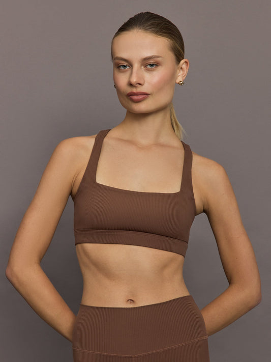 Carbon38 Racerback Bra in Ribbed Melt - Cocoa Brown