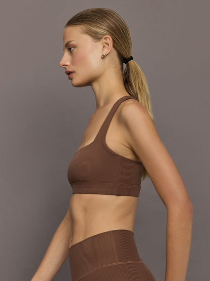Carbon38 Racerback Bra in Ribbed Melt - Cocoa Brown