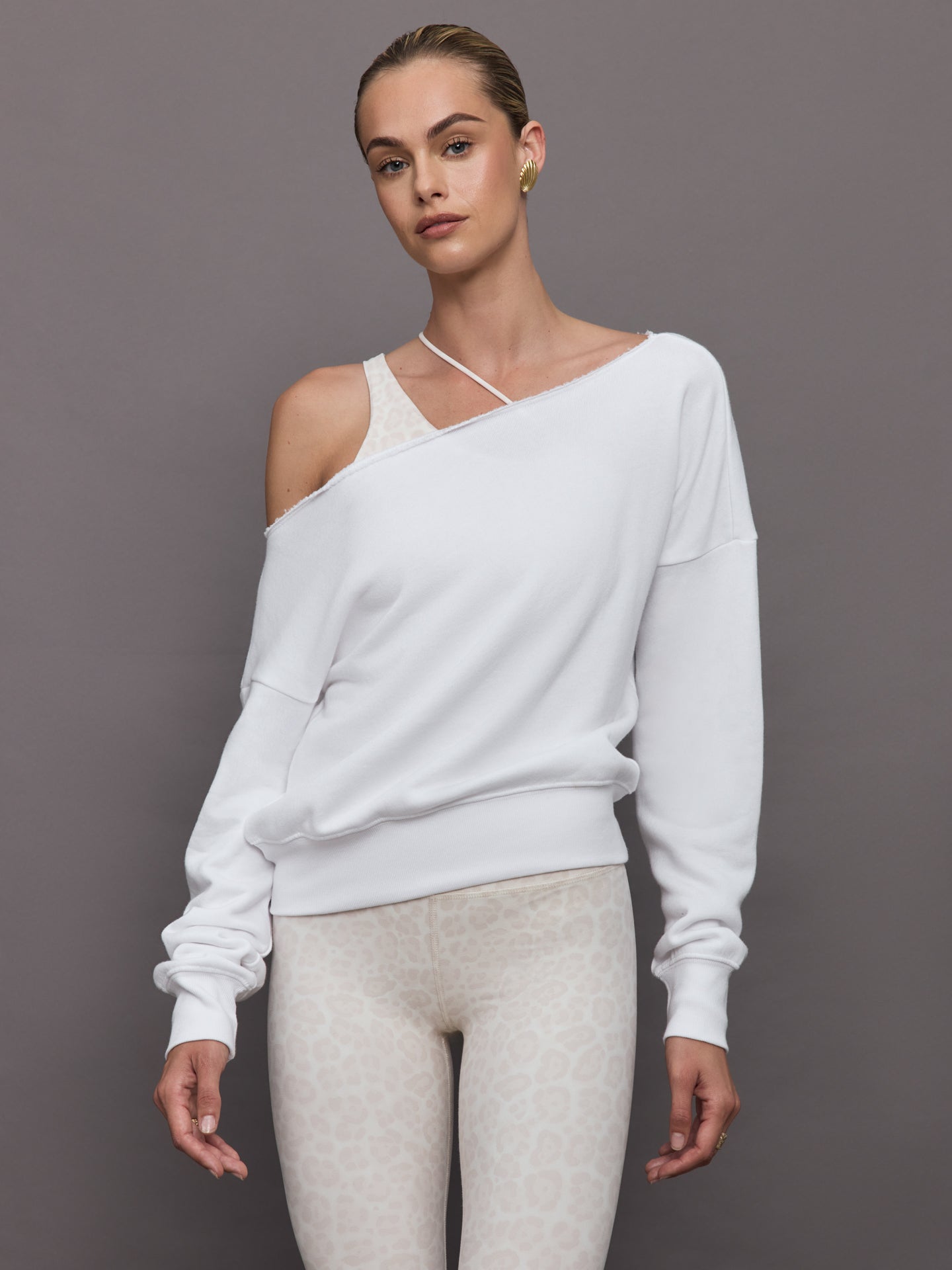 Carbon38 Off Shoulder Sweatshirt in French Terry - White