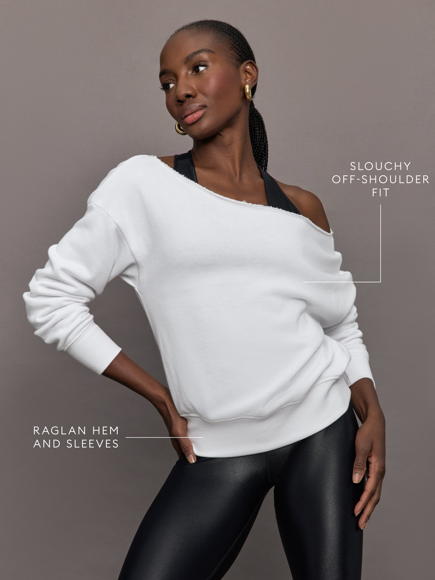 Carbon38 Off Shoulder Sweatshirt in French Terry - White