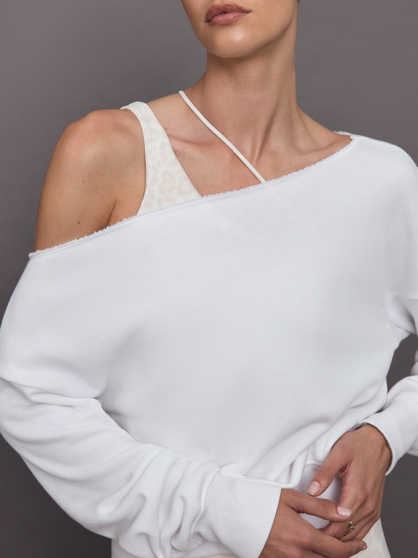 Carbon38 Off Shoulder Sweatshirt in French Terry - White