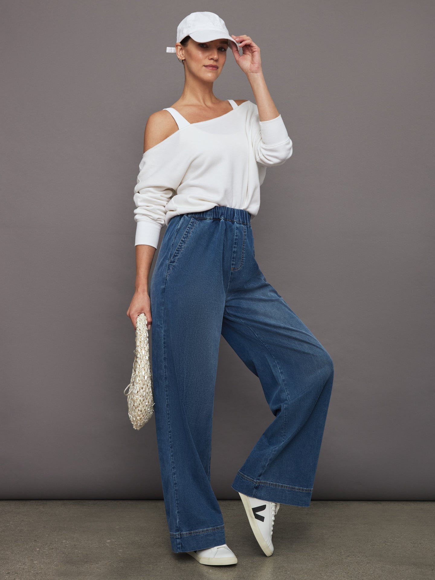Carbon38 Off Shoulder Sweatshirt in French Terry - White