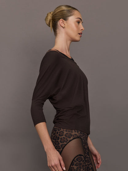 Carbon38 Long Sleeve Off Shoulder Tee - Chocolate Torte