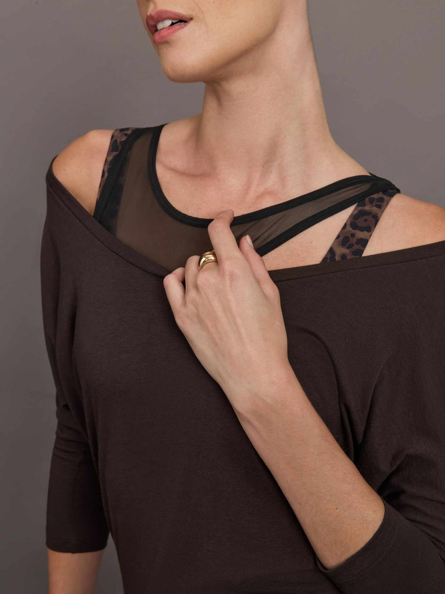 Carbon38 Long Sleeve Off Shoulder Tee - Chocolate Torte