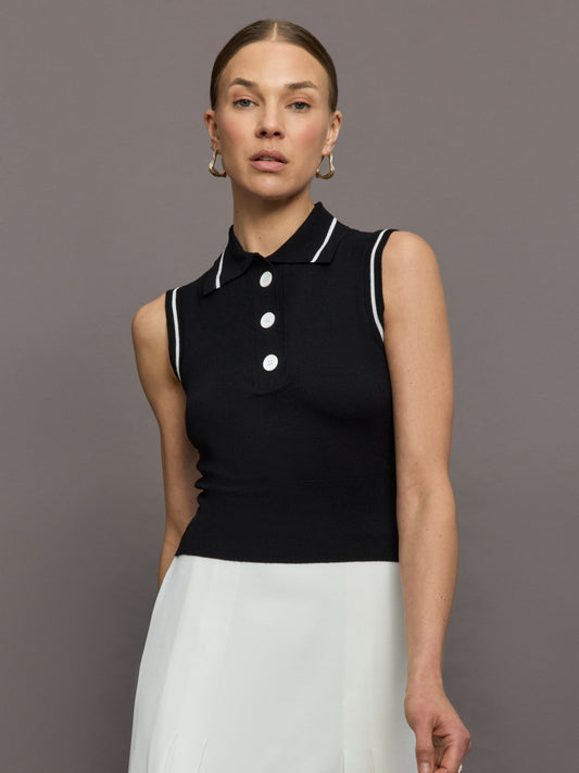 Carbon38 Tennis Sleeveless Polo - Black/ White