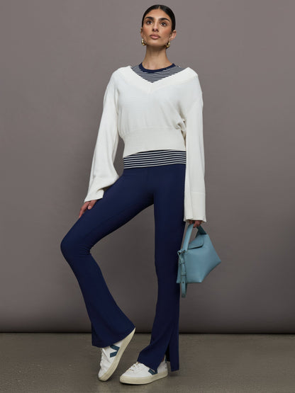 Carbon38 Stripe Ringer Tee - Cloud / Navy Stripe