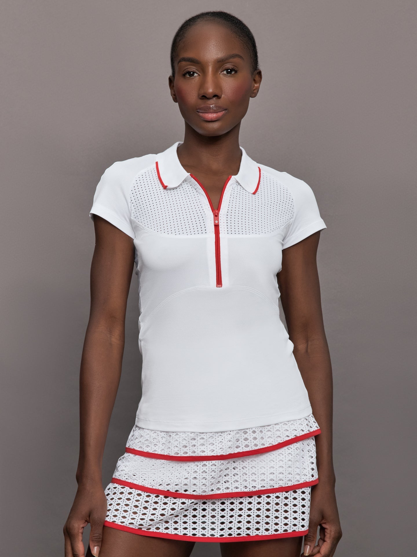 Carbon38 Mesh Zip Performance Polo - White with Red Trim