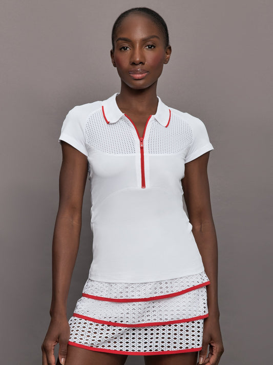 Carbon38 Mesh Zip Performance Polo - White with Red Trim