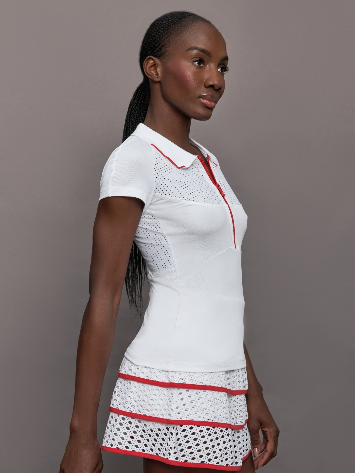 Carbon38 Mesh Zip Performance Polo - White with Red Trim