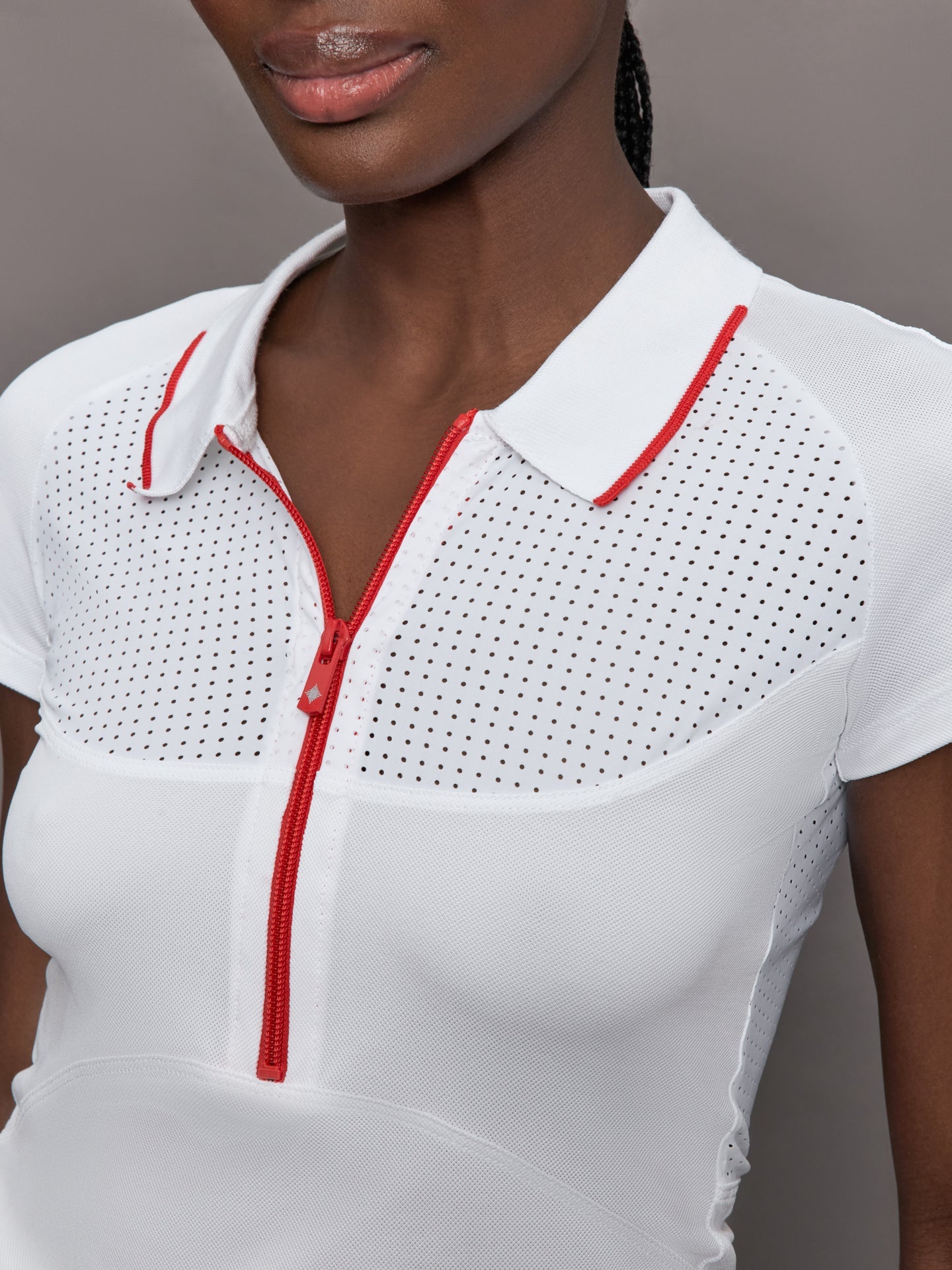 Carbon38 Mesh Zip Performance Polo - White with Red Trim