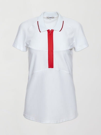 Carbon38 Mesh Zip Performance Polo - White with Red Trim