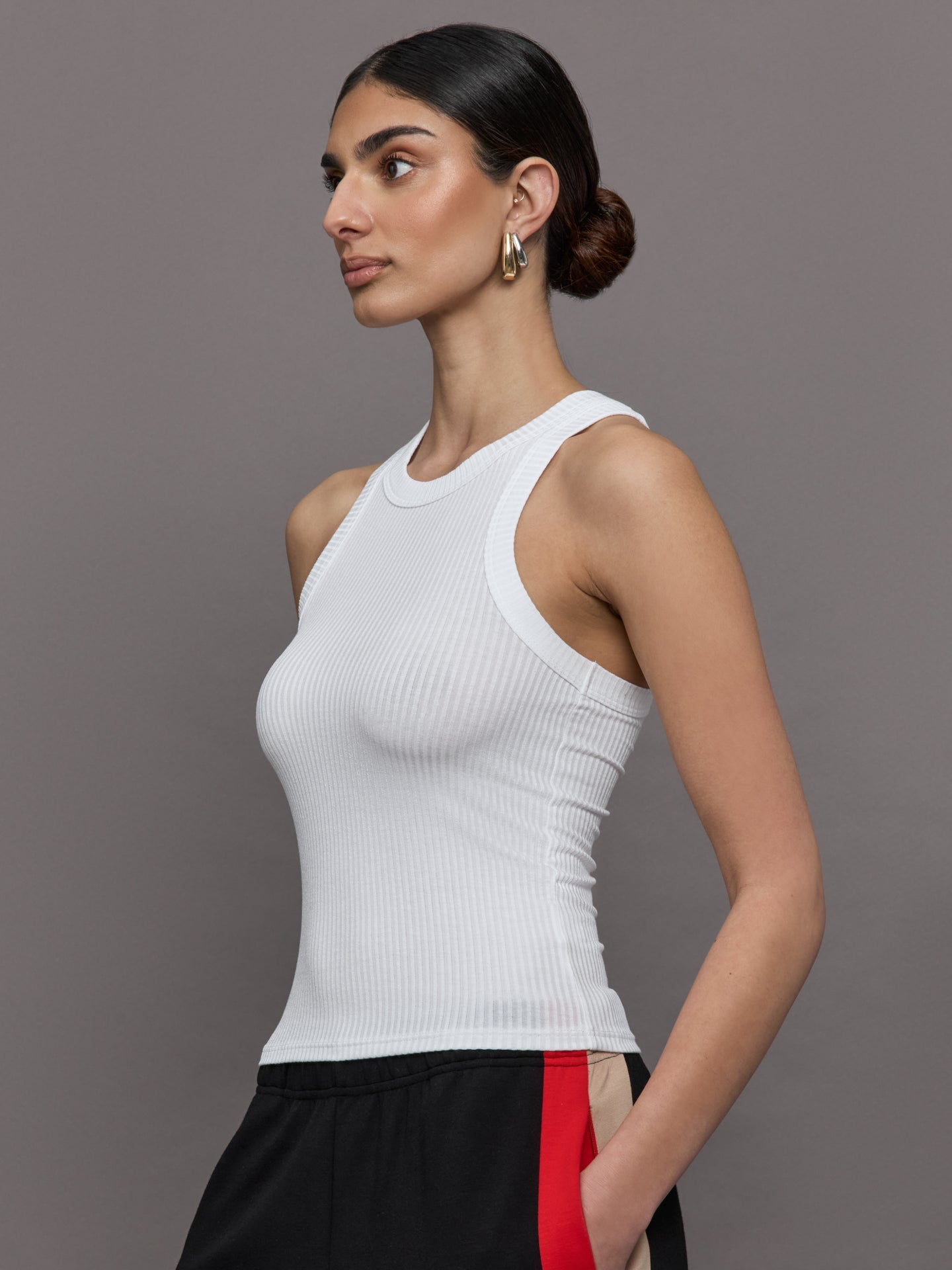 Carbon38 High Neck Fitted Tank in Ribbed Jersey - White