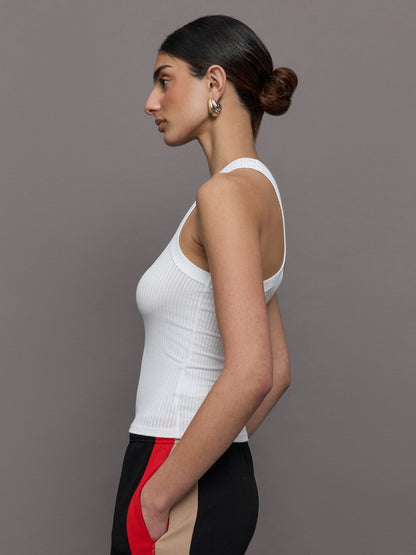 Carbon38 High Neck Fitted Tank in Ribbed Jersey - White