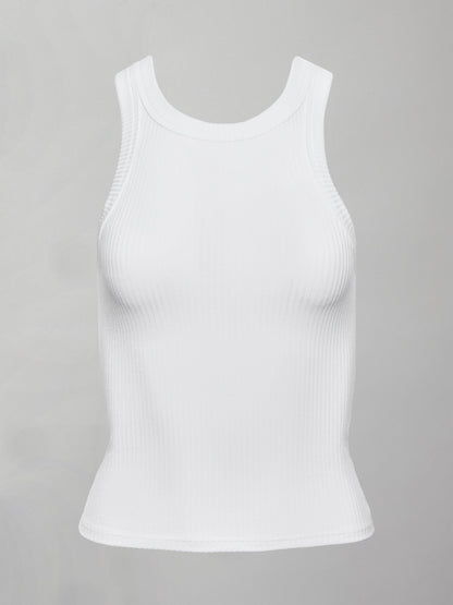 Carbon38 High Neck Fitted Tank in Ribbed Jersey - White