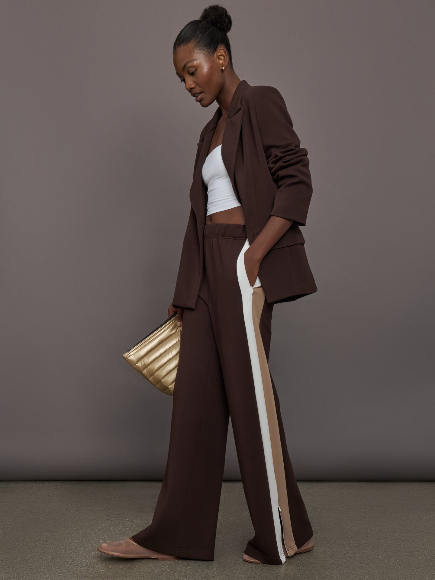 Carbon38 Wide Leg Track Pant in Scuba - Chocolate Torte