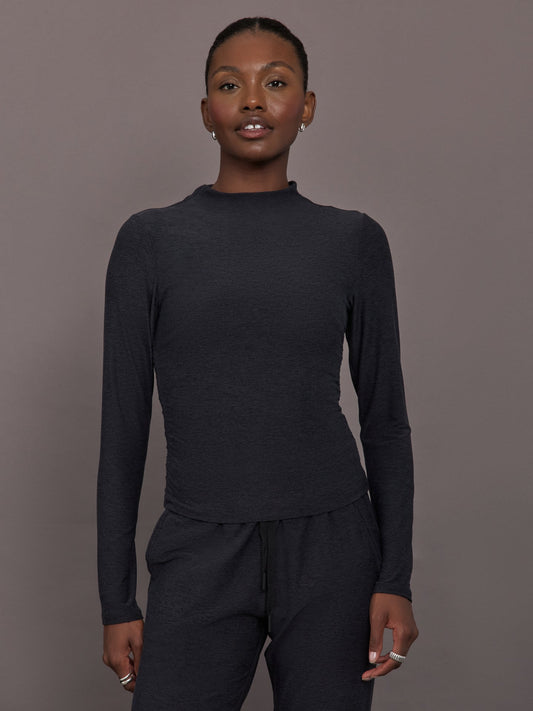 Carbon38 Mock Neck Long Sleeve in Soft Luxe - Heather Black
