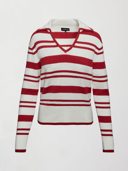 Carbon38 Johnny Collar Striped Sweater - Red/Cream