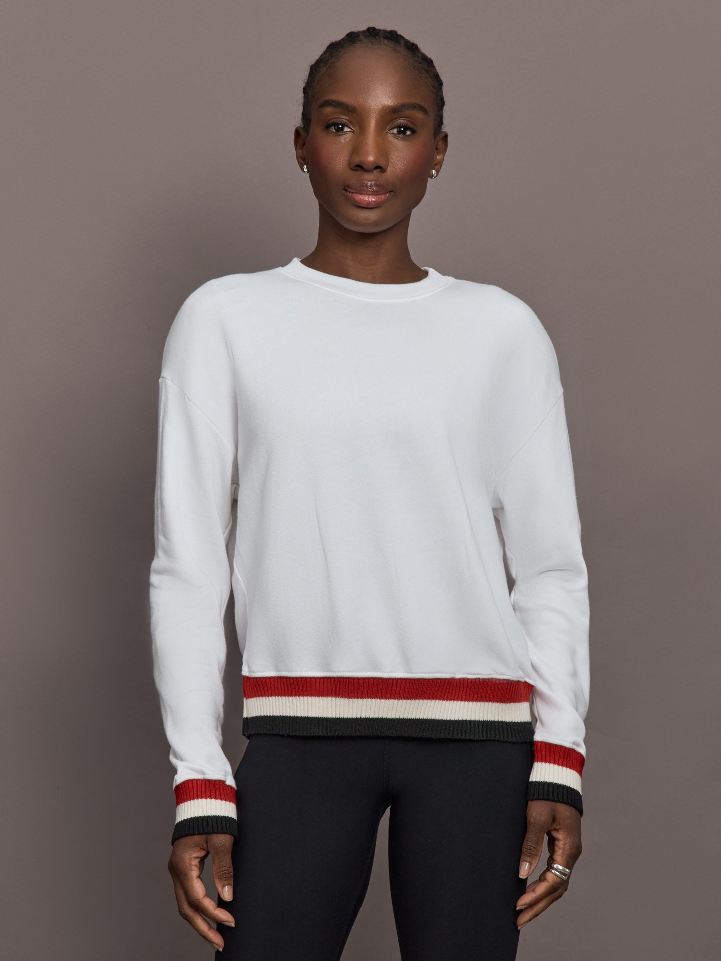 Carbon38 Banded Sweatshirt in French Terry - White with Black/White/Red