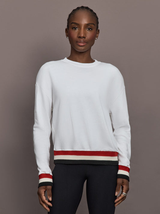 Carbon38 Banded Sweatshirt in French Terry - White with Black/White/Red