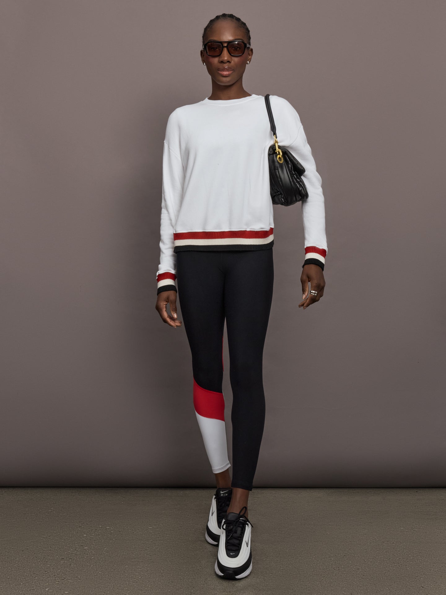 Carbon38 Banded Sweatshirt in French Terry - White with Black/White/Red