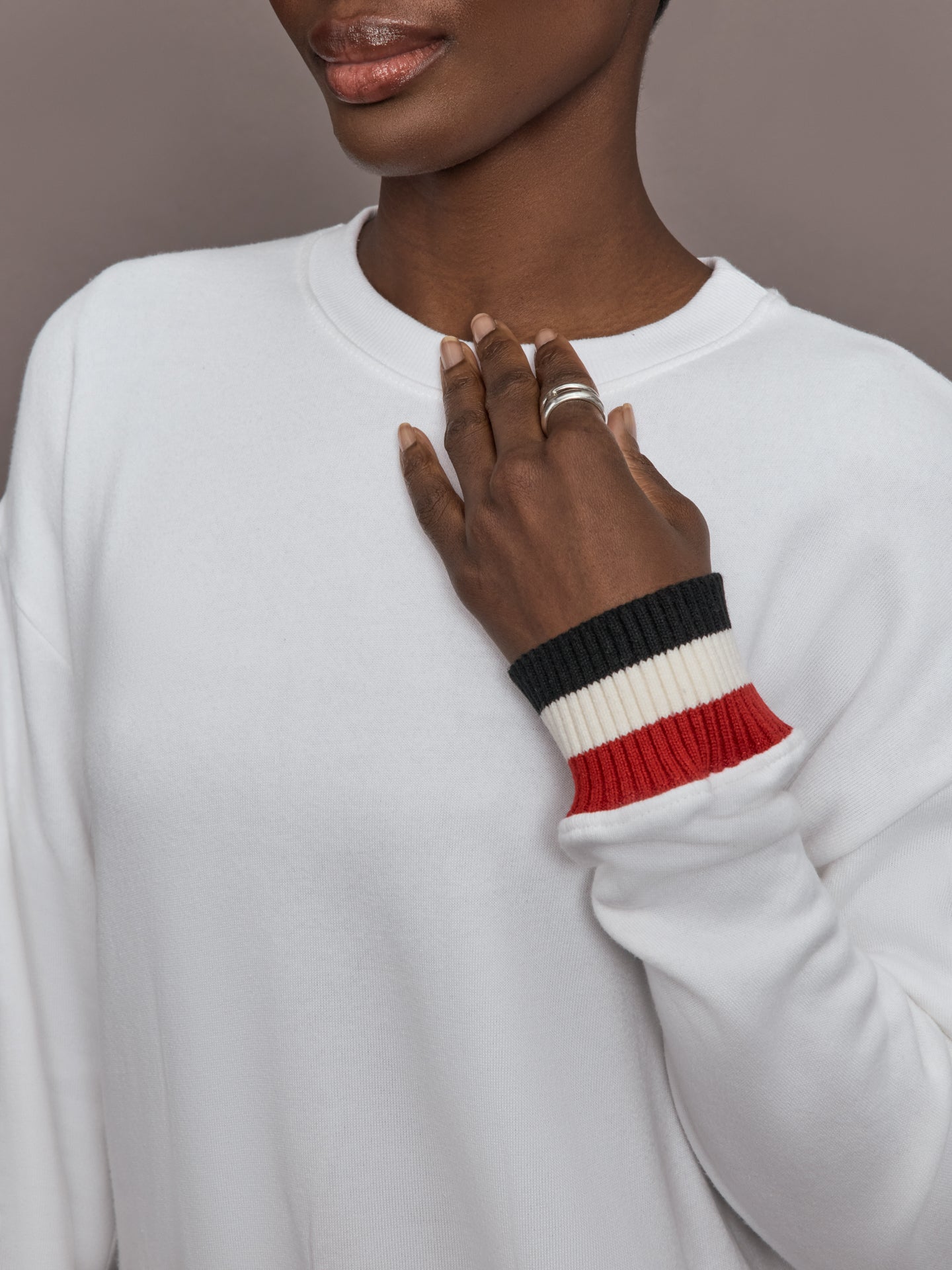 Carbon38 Banded Sweatshirt in French Terry - White with Black/White/Red