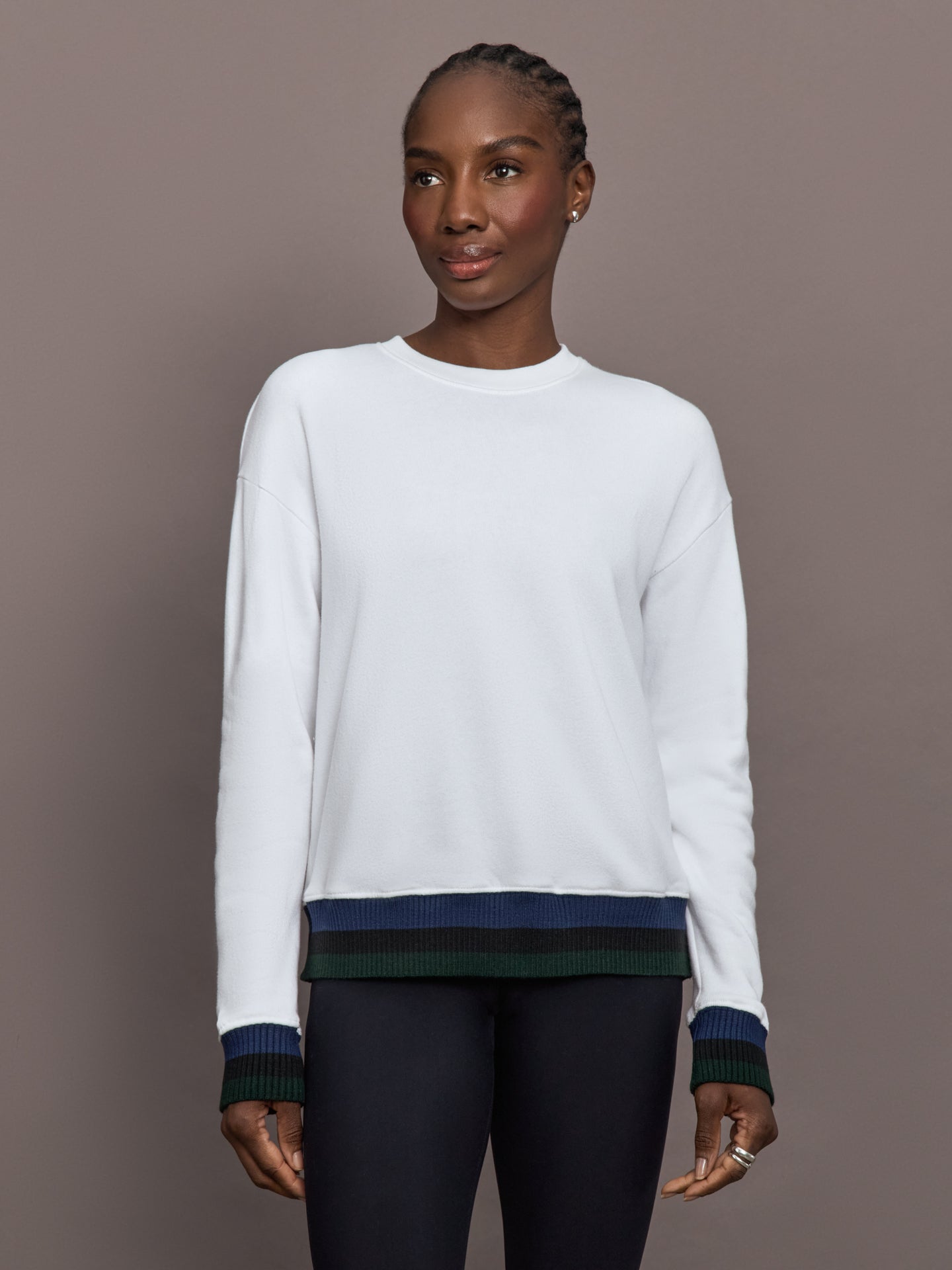 Carbon38 Banded Sweatshirt in French Terry - White with Navy/Black/Forest