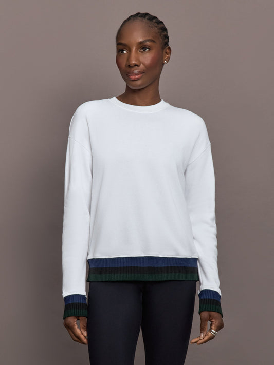 Carbon38 Banded Sweatshirt in French Terry - White with Navy/Black/Forest