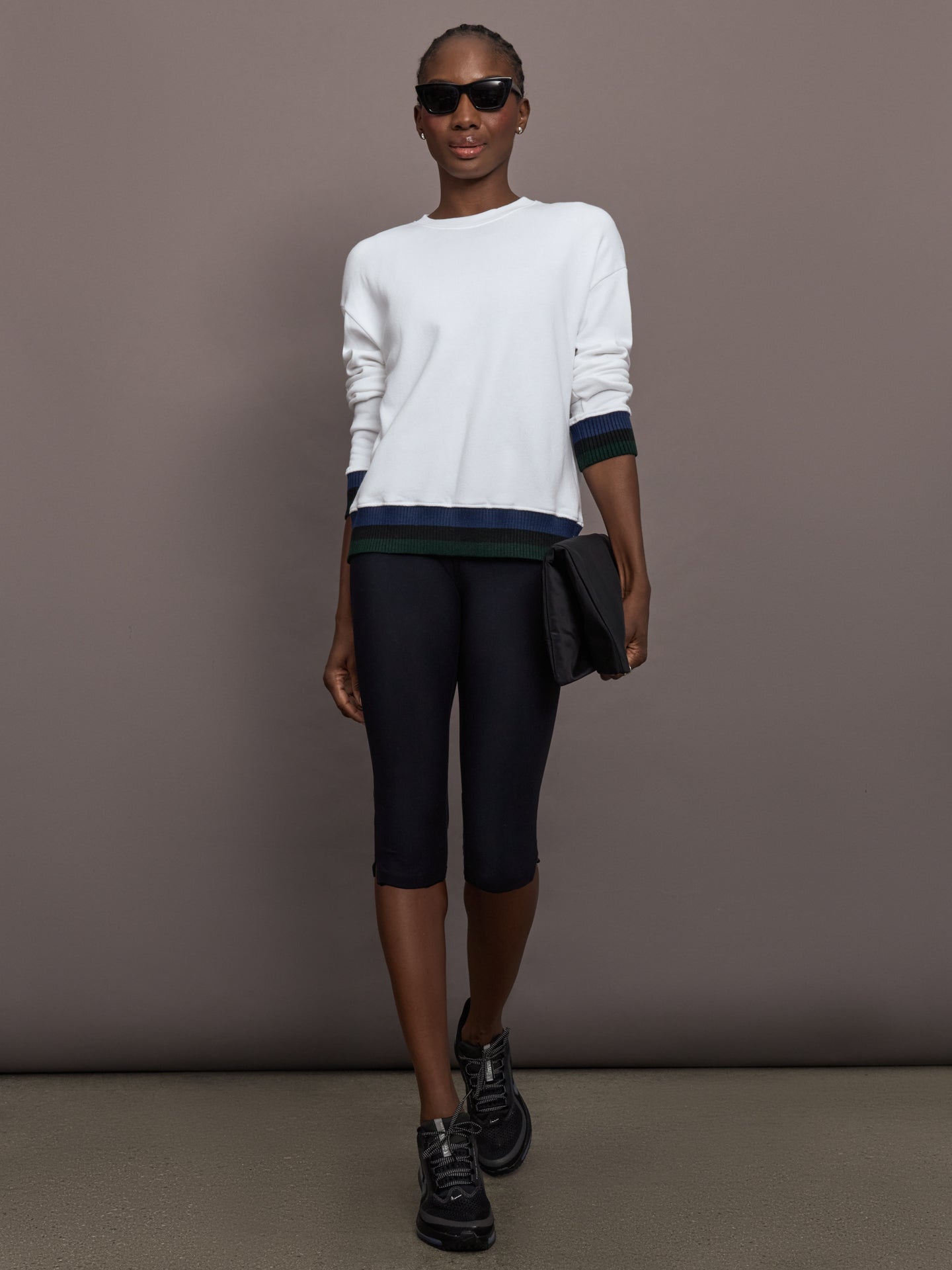 Carbon38 Banded Sweatshirt in French Terry - White with Navy/Black/Forest