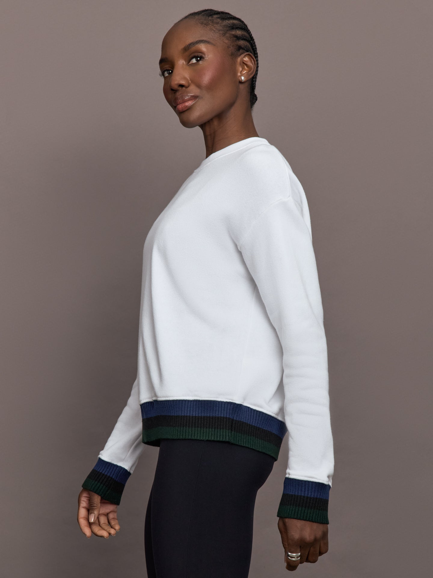 Carbon38 Banded Sweatshirt in French Terry - White with Navy/Black/Forest