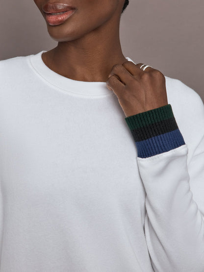 Carbon38 Banded Sweatshirt in French Terry - White with Navy/Black/Forest