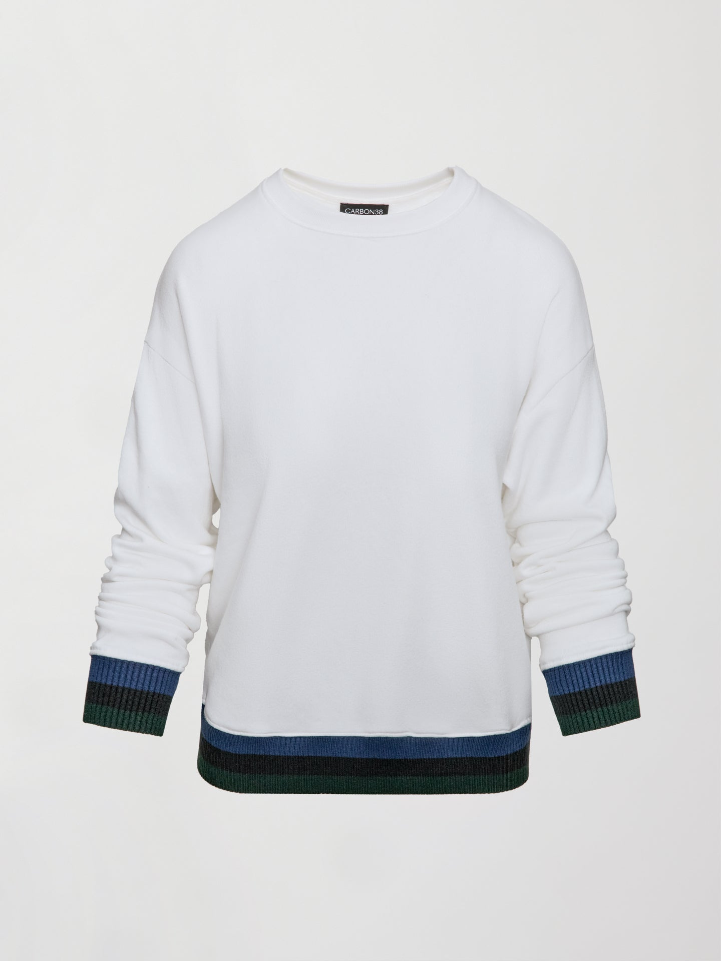 Carbon38 Banded Sweatshirt in French Terry - White with Navy/Black/Forest
