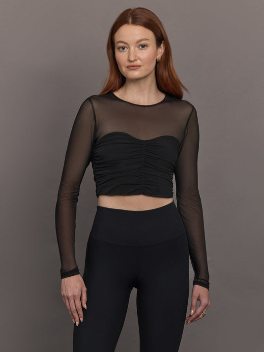 Carbon38 Ruched Mesh Long Sleeve Top in Melt - Black