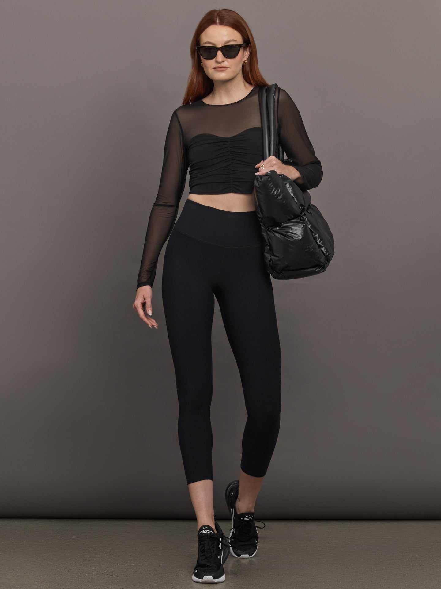 Carbon38 Ruched Mesh Long Sleeve Top in Melt - Black