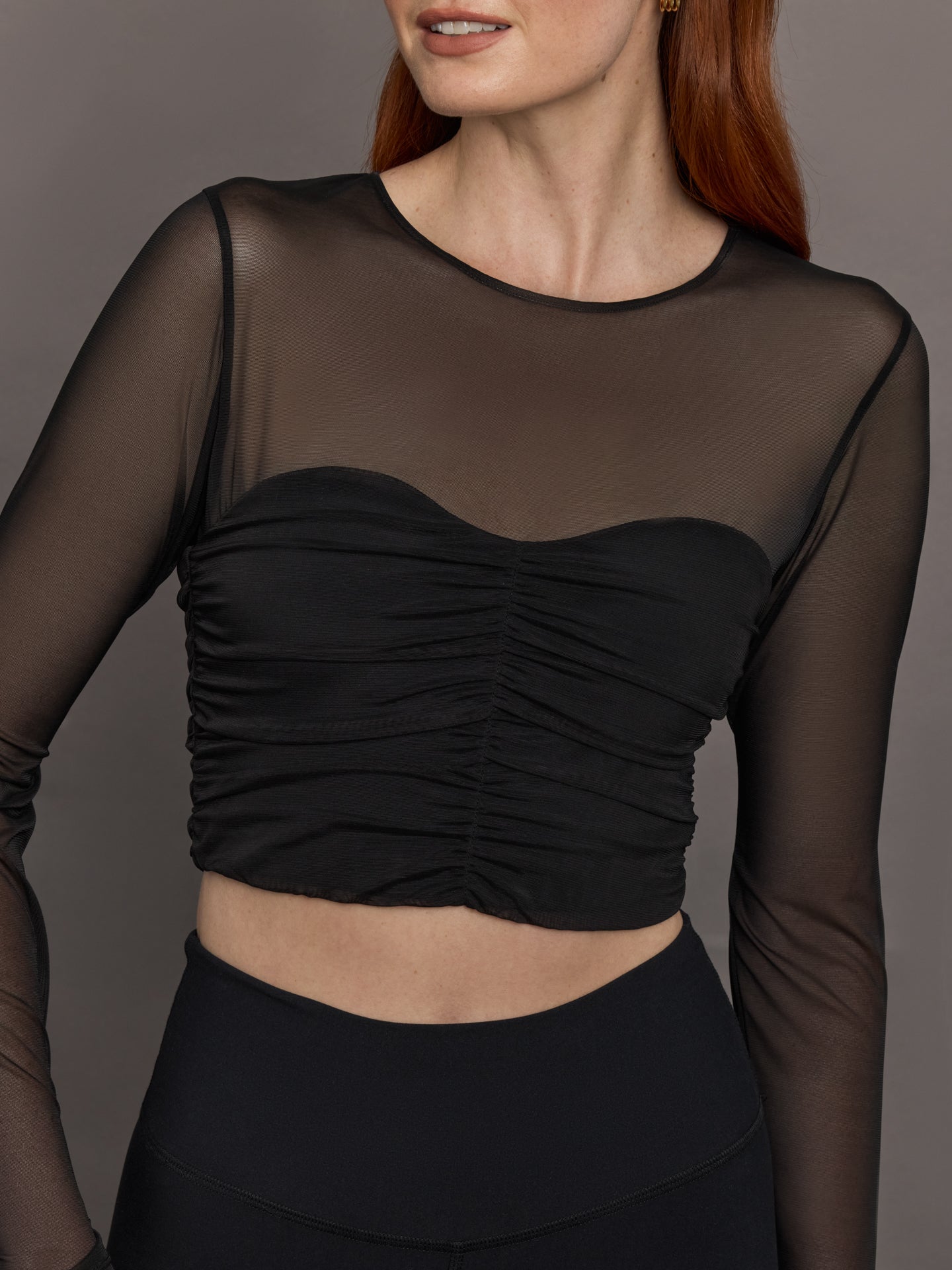 Carbon38 Ruched Mesh Long Sleeve Top in Melt - Black