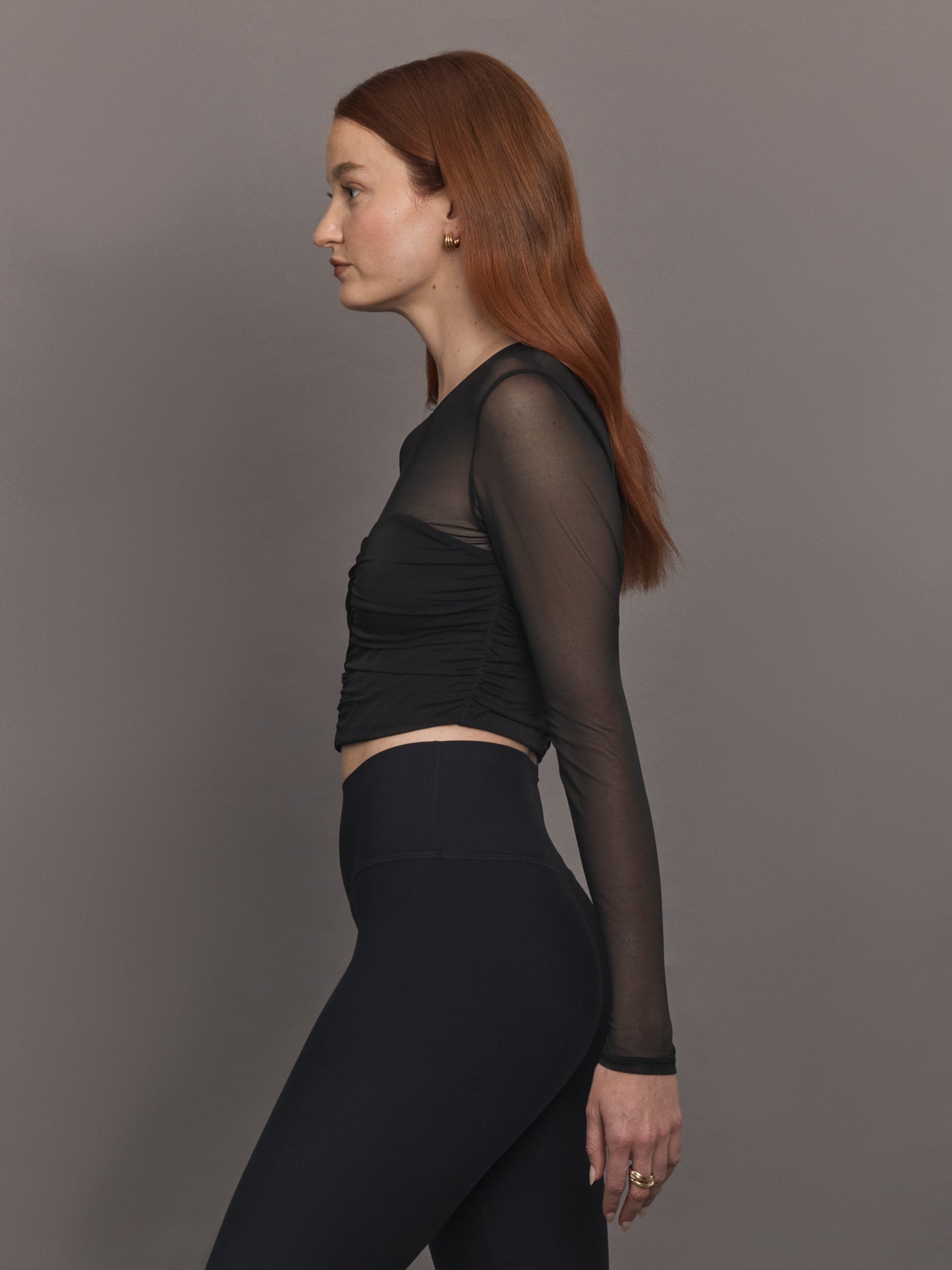 Carbon38 Ruched Mesh Long Sleeve Top in Melt - Black