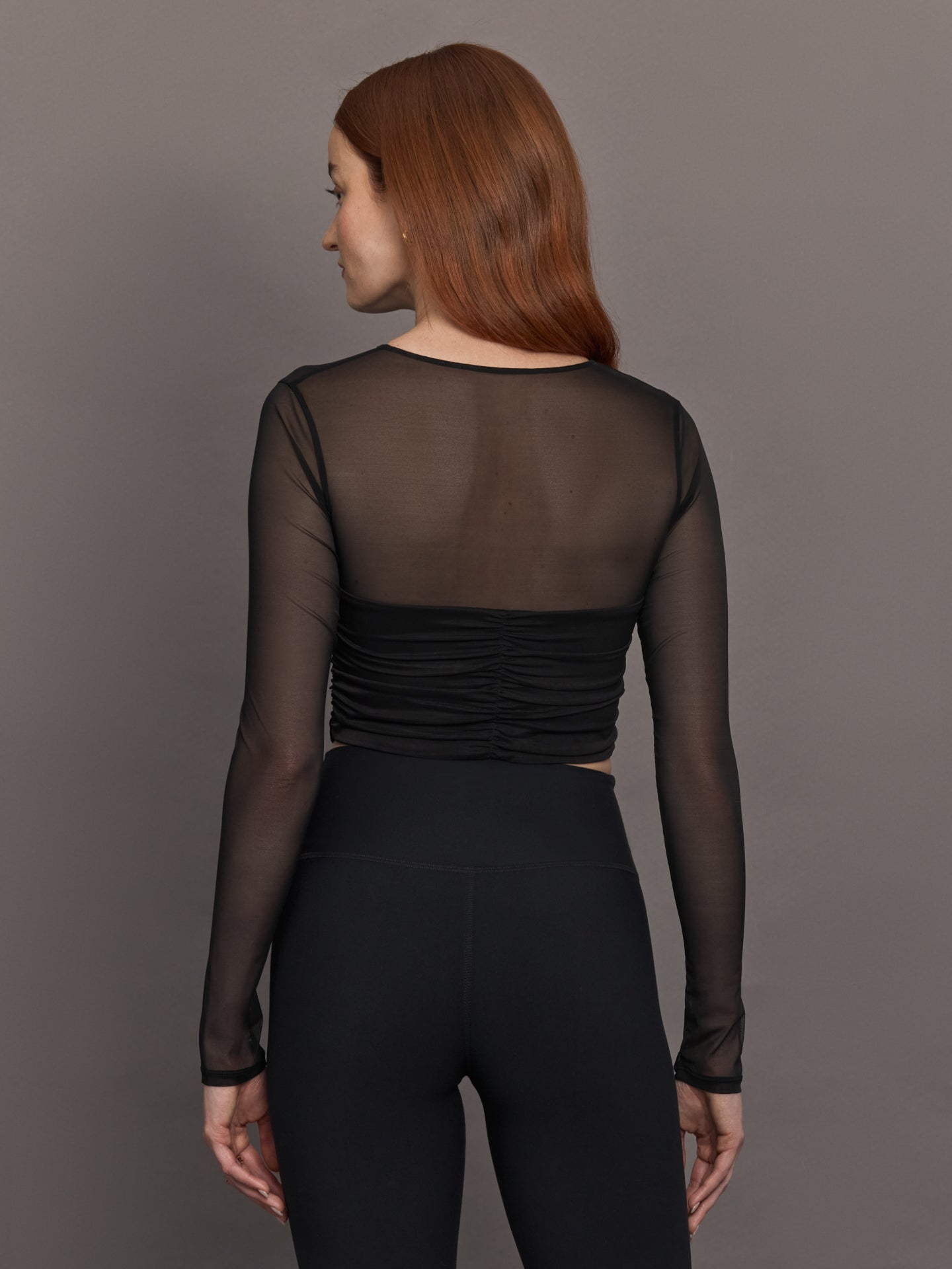 Carbon38 Ruched Mesh Long Sleeve Top in Melt - Black