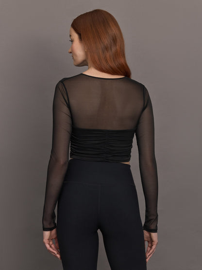 Carbon38 Ruched Mesh Long Sleeve Top in Melt - Black