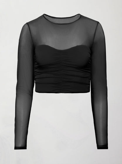 Carbon38 Ruched Mesh Long Sleeve Top in Melt - Black