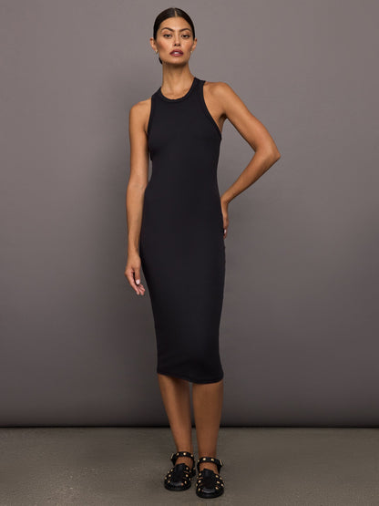 Carbon38 High Neck Tank Dress in Ribbed Melt - Black