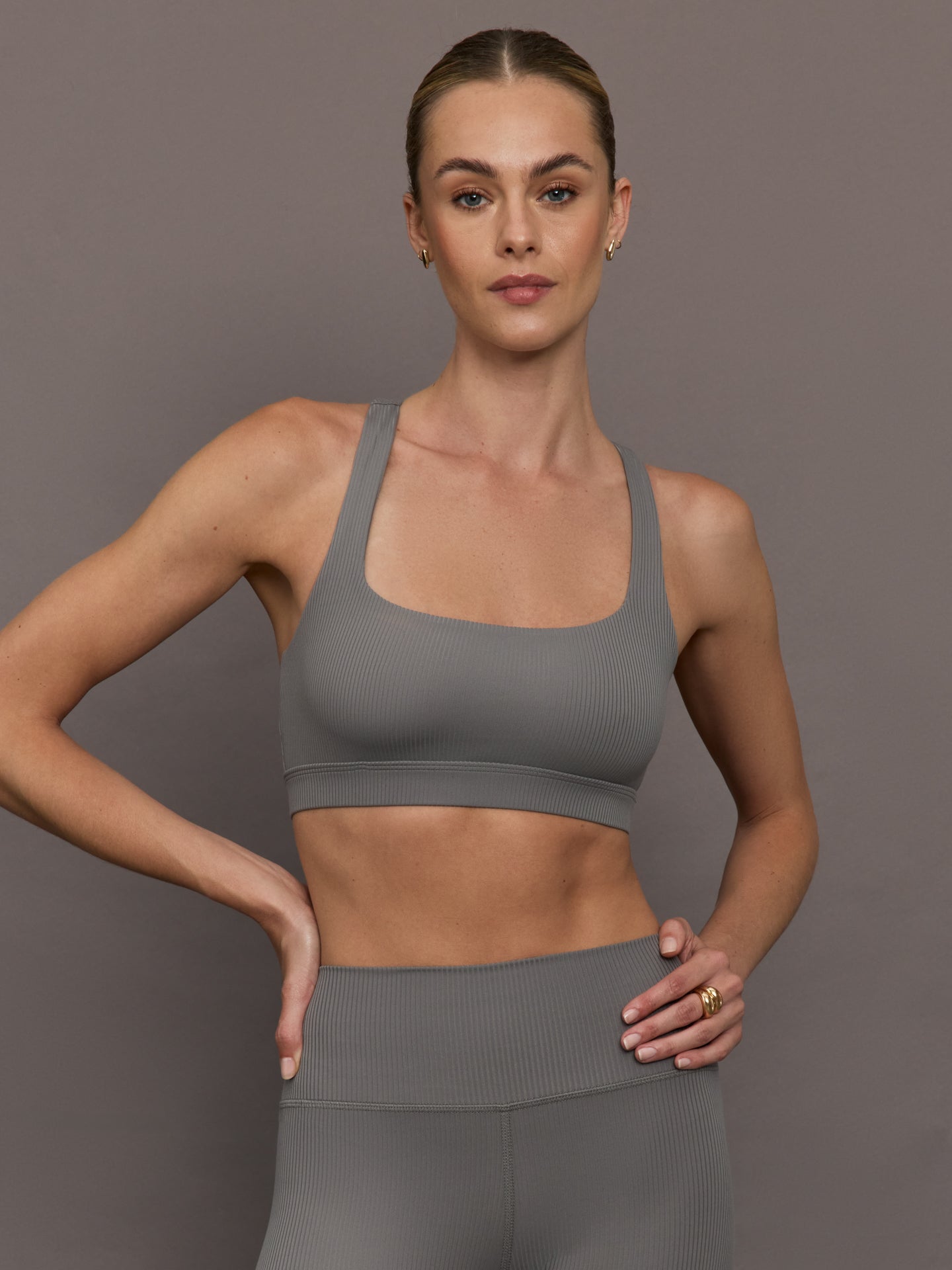 Carbon38 Racerback Bra in Ribbed Melt - Steel Grey