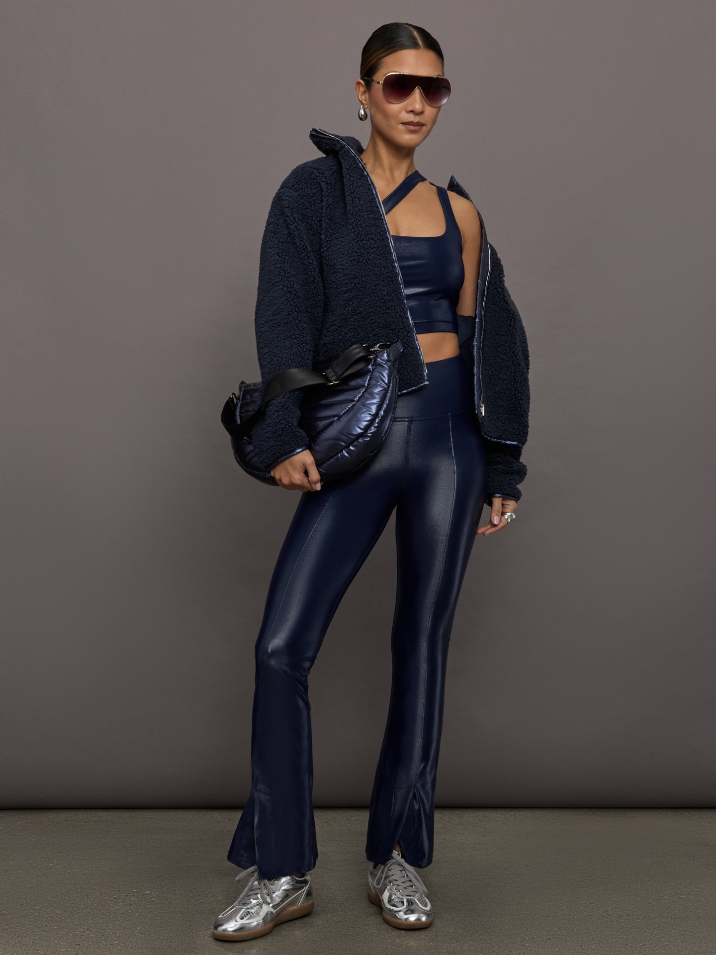 Carbon38 High Rise Flare Legging In Takara Shine - Navy Blazer