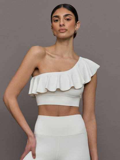 Carbon38 Ruffle One Shoulder Bra in Diamond Compression - Cloud Dancer