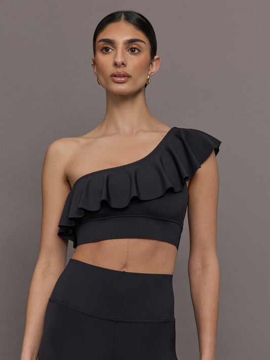 Carbon38 Ruffle One Shoulder Bra in Diamond Compression - Black