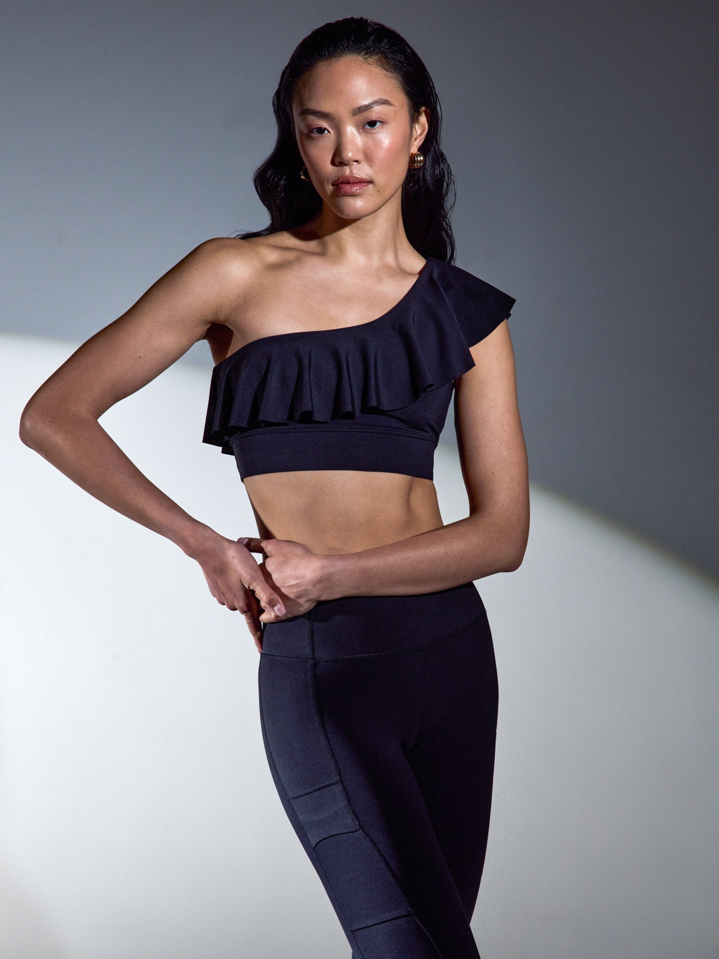 Carbon38 Ruffle One Shoulder Bra in Diamond Compression - Black